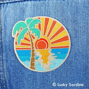 Ocean Sunset Palm Tree, Island Embroidered Iron-On Patch