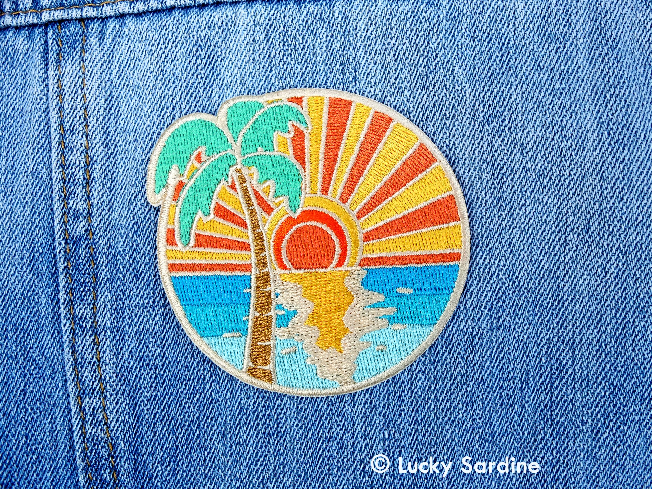 Ocean Sunset Palm Tree, Island Embroidered Iron-On Patch