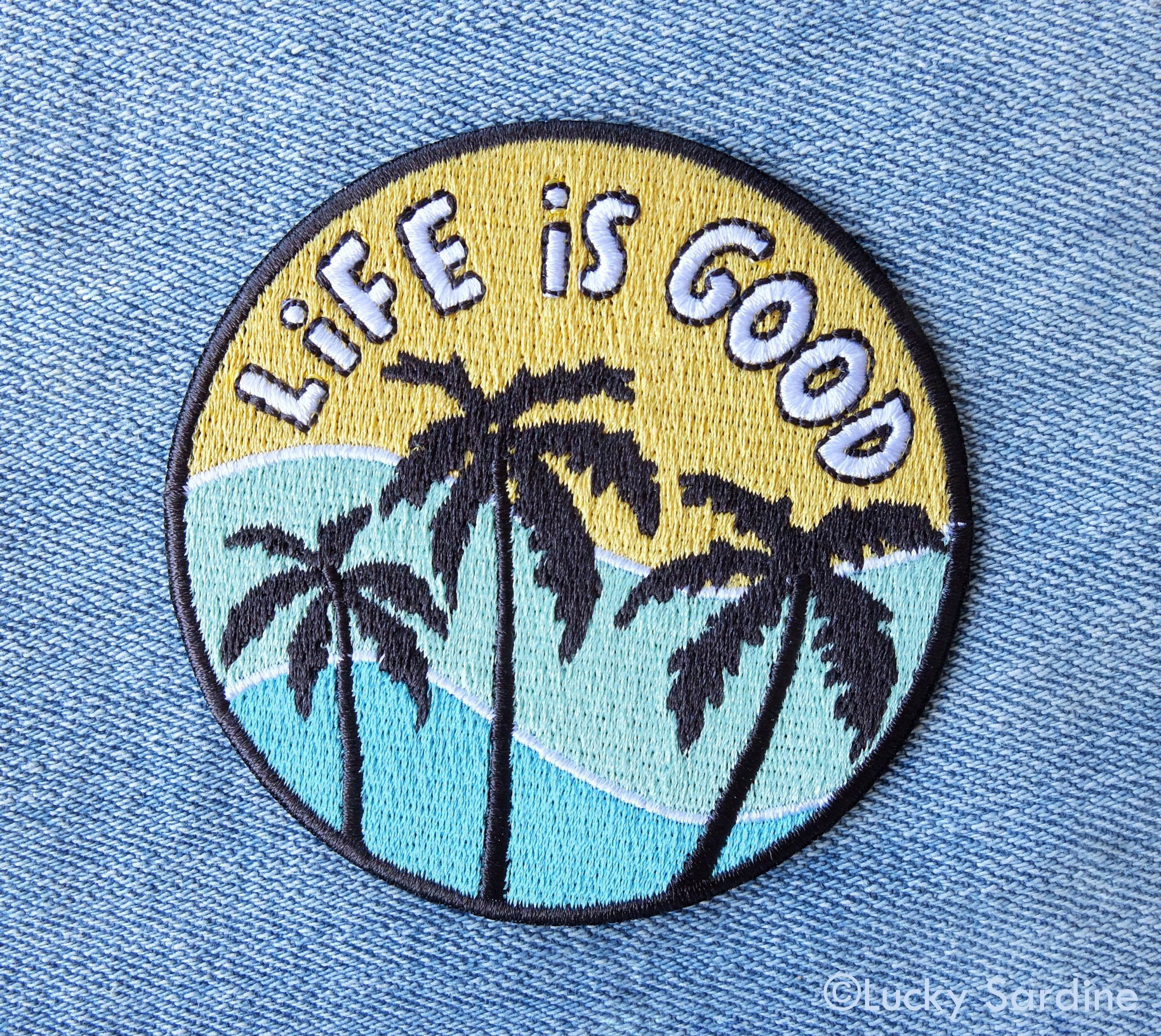 Life Is Good, Ocean & Palm Tree Embroidered Iron-On Patch