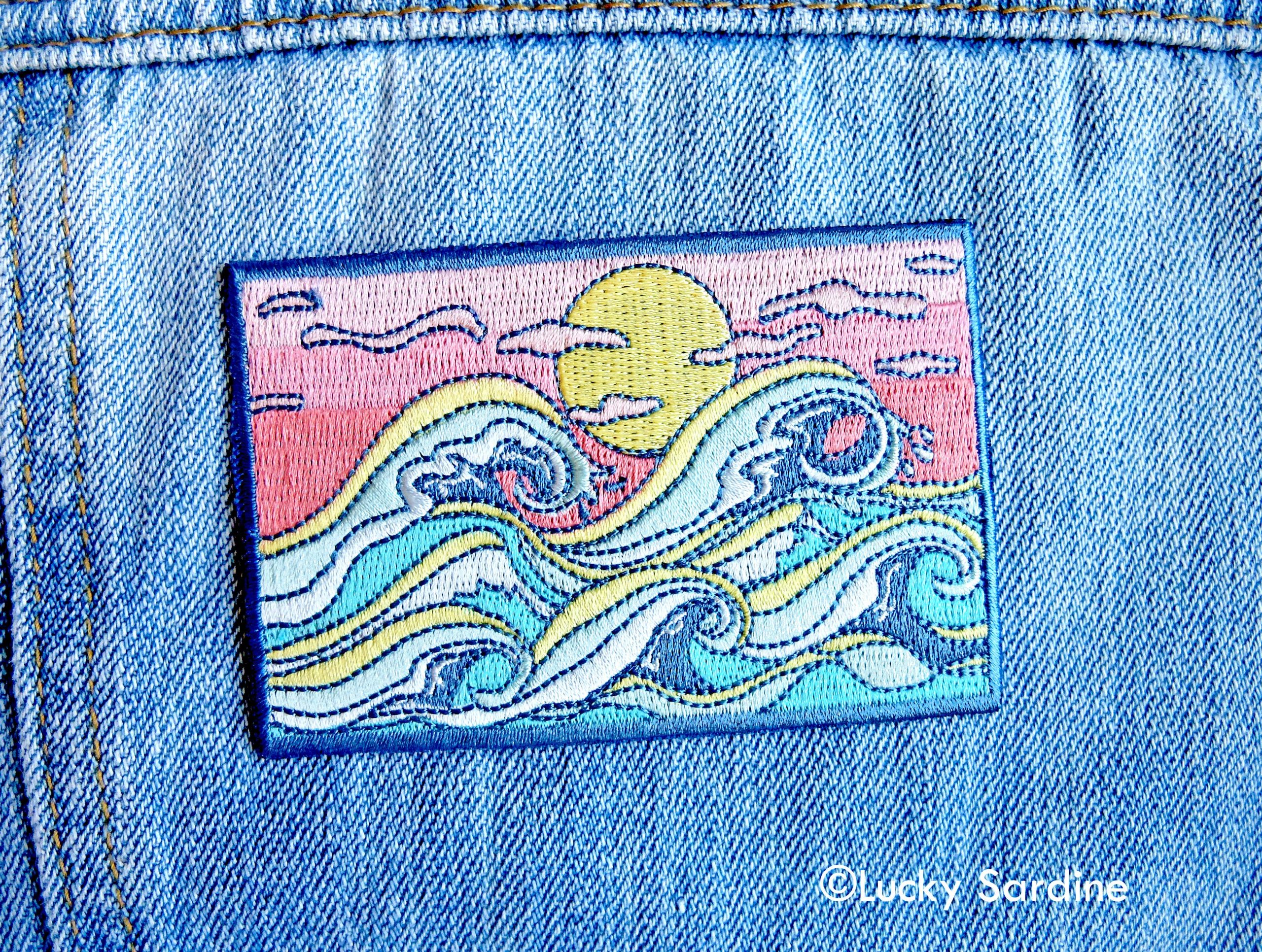 Ocean Waves & Sunset, Surfing Embroidered Iron-On Patch