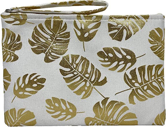 Canvas Print Pouch - Metallic Tropical Leaf (white)