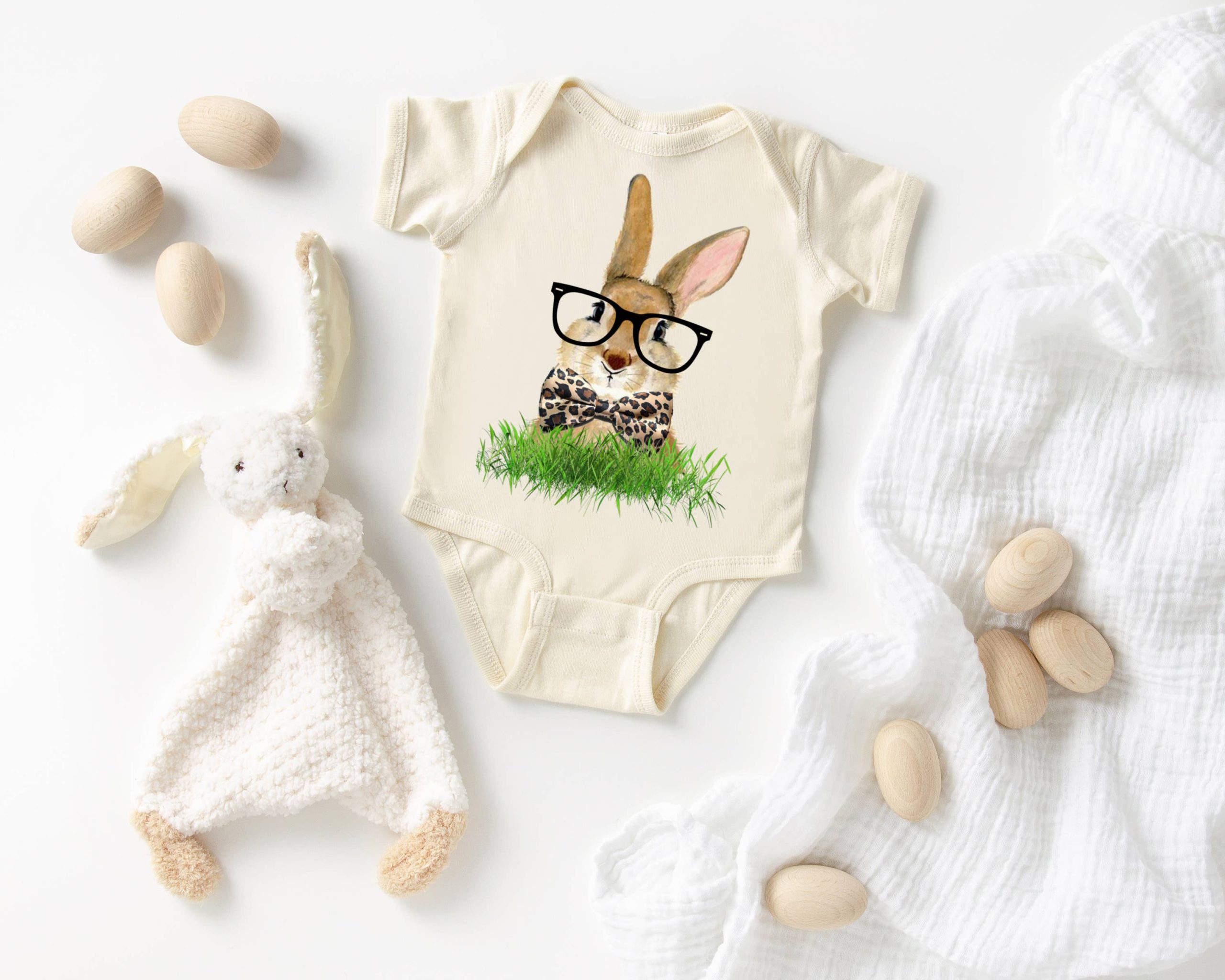 Easter Bunny with Glasses and Bow Tie Natural  Baby Bodysuit