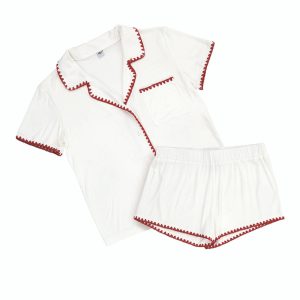 Short Bamboo PJ Set - White + Burgundy Whip Stitch