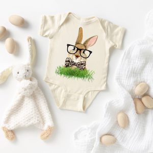 Easter Bunny with Glasses and Bow Tie Natural  Baby Bodysuit