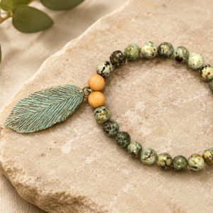African Turquoise & Wood Leaf Bracelet