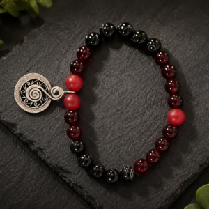 Red Agate, Black Onyx & Spiral Charm Bracelet