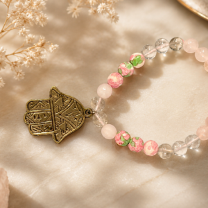 Rose Quartz, Clear Quartz & Floral Hamsa Bracelet