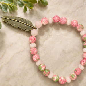 Rose Quartz & Floral Bead Feather Bracelet